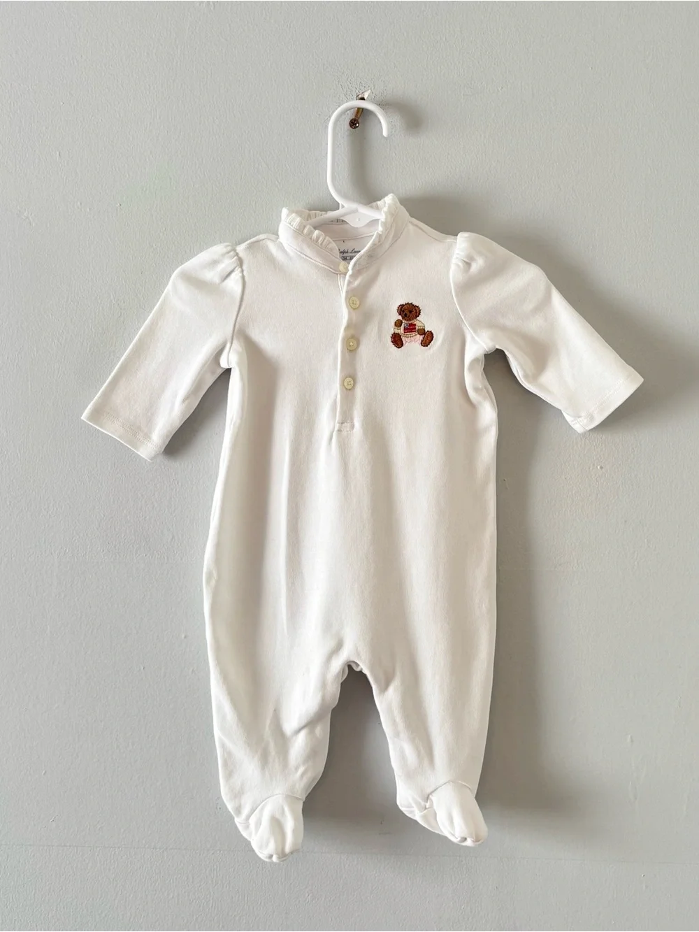 Ralph Lauren Baby Embroidered Polo Bear Footed Onesie Henley Ruffle Trim White